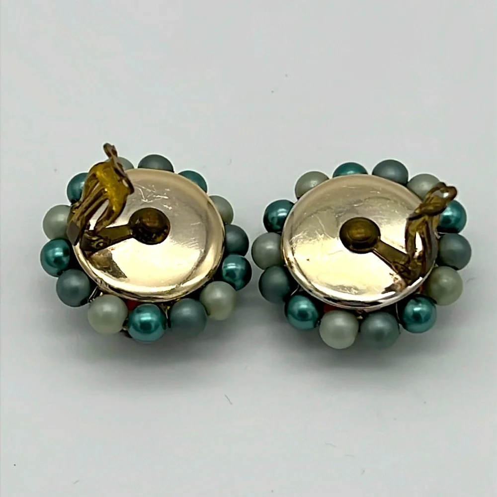 Vintage Multicolor Cluster Bead 1950’s Clip-On Earrings Marked Japan